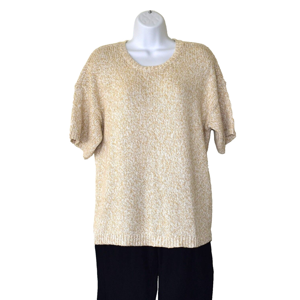 A6 Auth EILEEN FISHER Tan/White Cable Knit Organic Cotton Short Sleeve Top Sz L